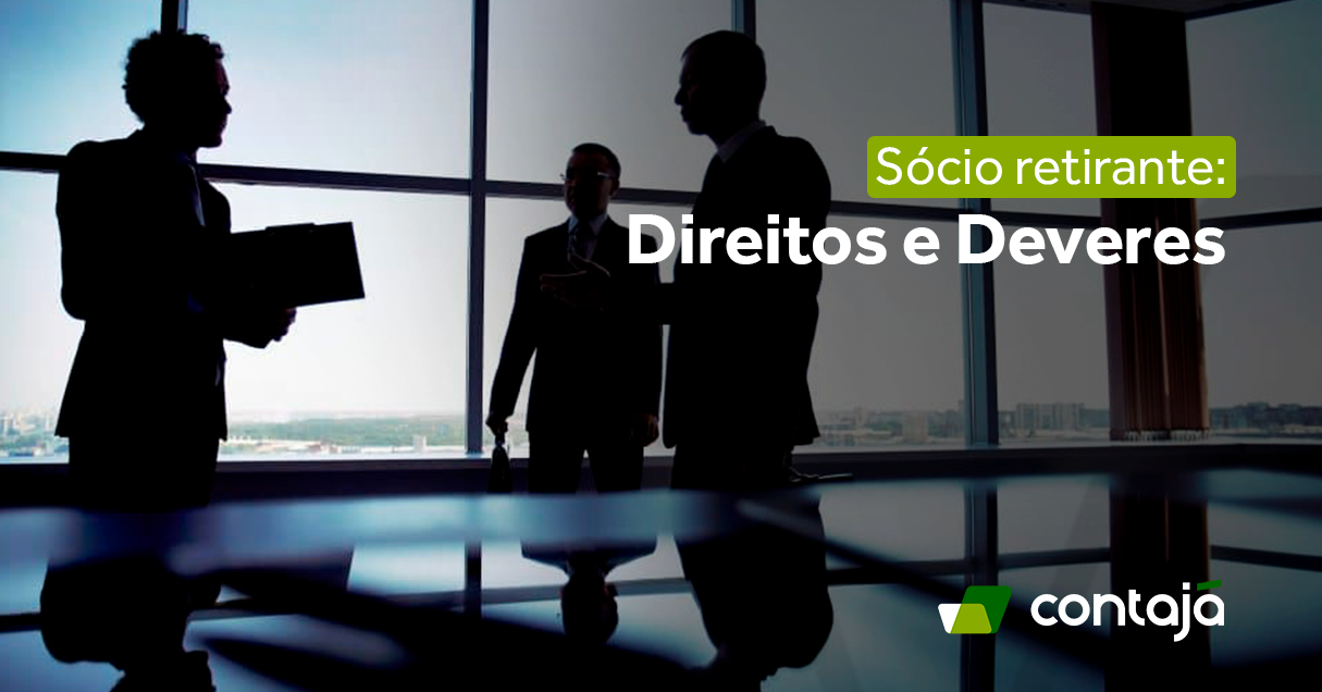 3 pessoas contra a luz num escritório com paredes de vidro. Elas vestem terno e seguram pastas. Ao lado, o título do artigo: "Sócio retirante: direitos e deveres".