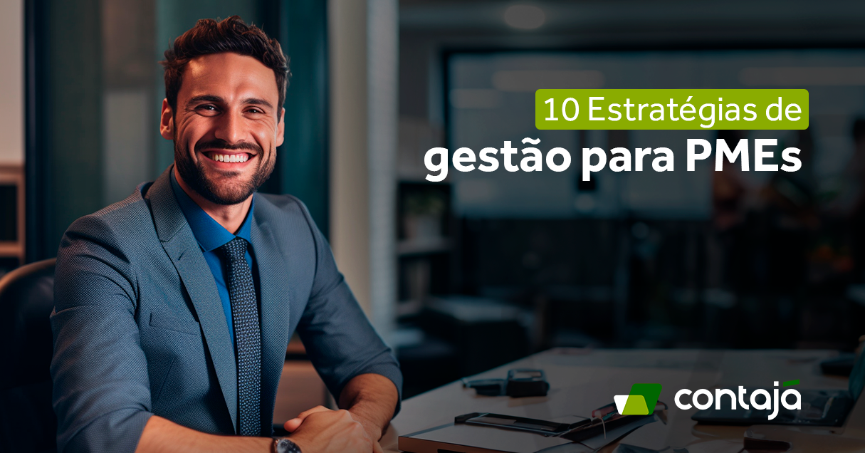 Homem branco sorrindo e aparenta ser um empresário por vestir uma blusa social azul, terno e gravata cinzas. Ao seu lado, está o título do artigo: "10 estratégias de gestão para PMEs"