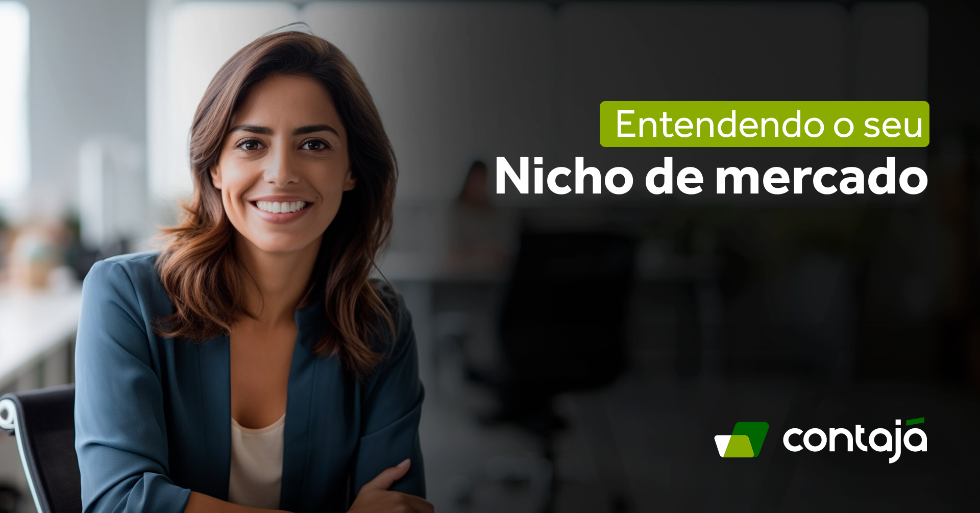 Mulher adulta, branca, de cabelo liso castanho, vestindo uma blusa bege e um terno azul por cima. Ao lado dela, o título do artigo: "Entendendo o Seu Nicho de mercado"