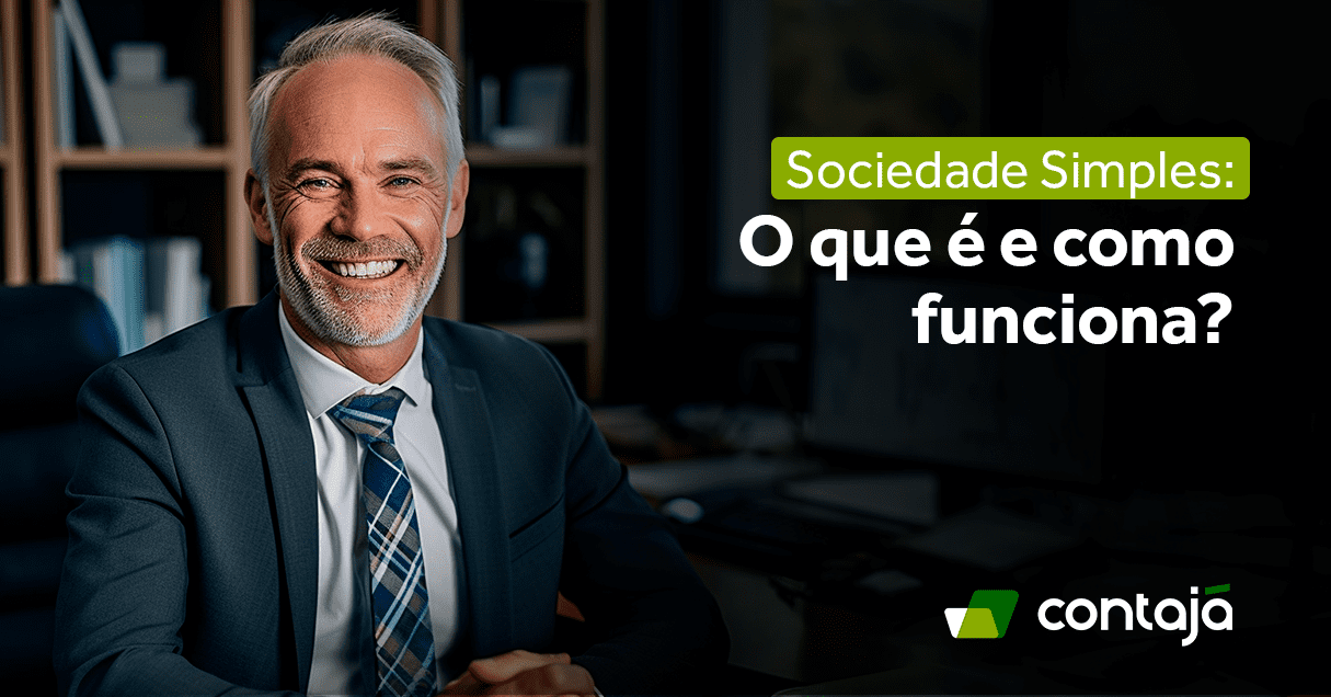 Homem branco de meia idade, cabelo grisalho, terno azul, camisa social cinza e grava azul xadrez. Ao seu lado, o título do artigo: "Sociedade Simples: O que é e como funciona?"