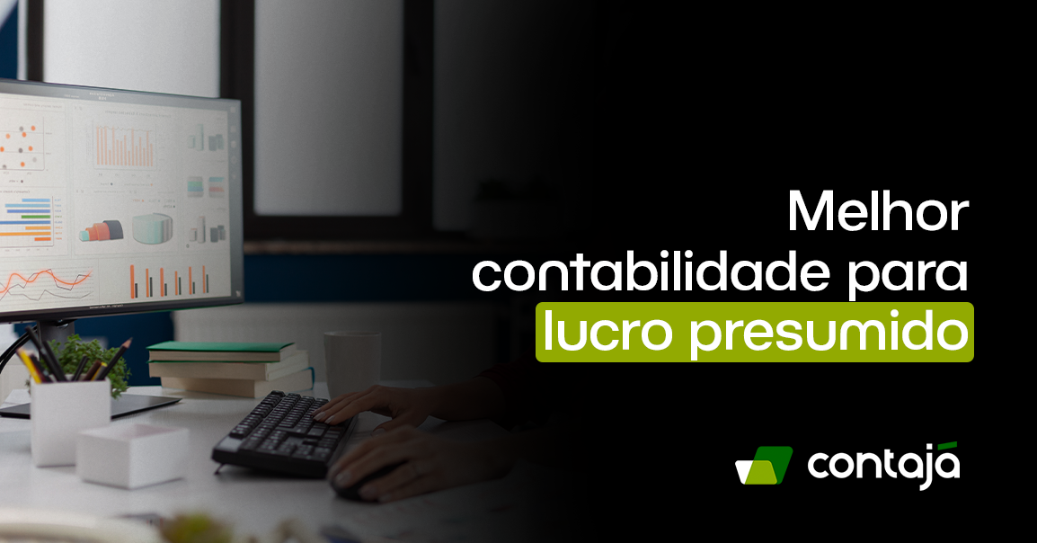 Computador está sobre uma mesa de escritório junto de um teclado e mouse. As mãos de uma pessoa estão sobre o teclado. Na tela do computador tem vários gráficos. No canto direito da imagem, está o título do artigo: "Melhor contabilidade para lucro presumido"
