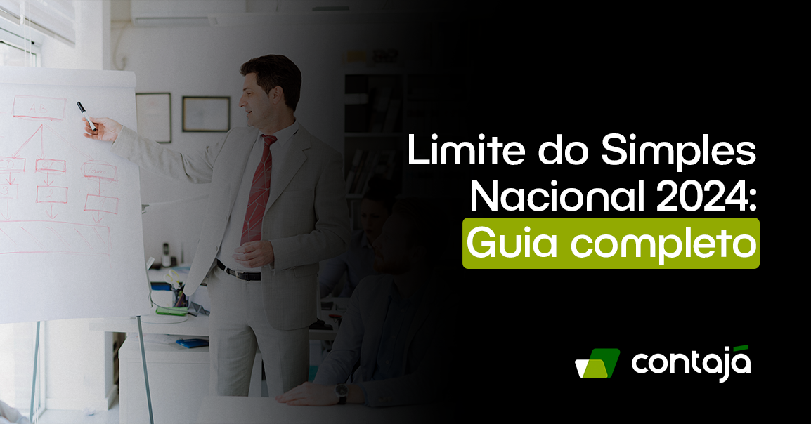 Homem branco, vestindo um terno branco e uma gravata vermelha está em pé em frente a um quadro. No canto direito da imagem, está o título do artigo: "Limite do Simples Nacional 2024: Guia completo"