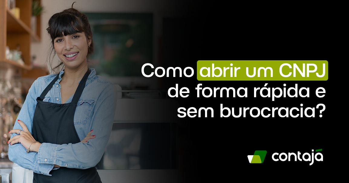 Mulher branca, com cabelo preto, está vestindo uma camisa jeans azul. Ela está sorrindo em pé e de braços cruzados. No canto direito da imagem, está o título do artigo: "Como abrir um CNPJ de forma rápida e sem burocracia?