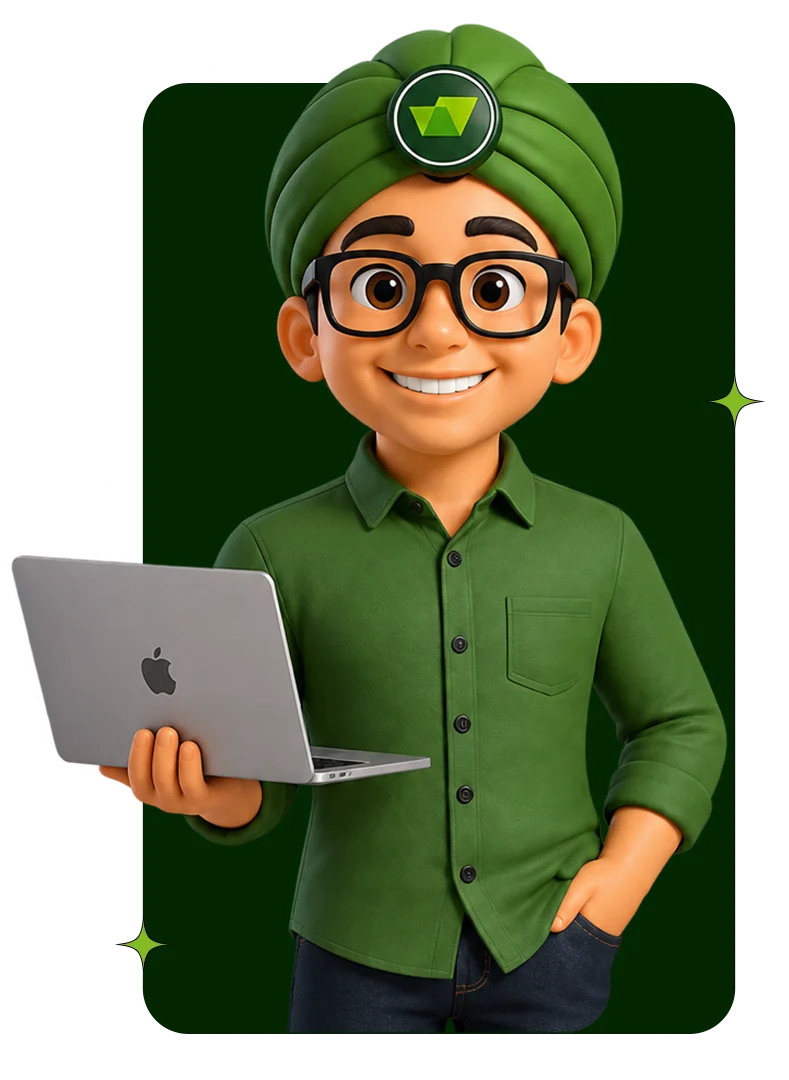 Mascote da Contajá sorrindo e segurando um notebook