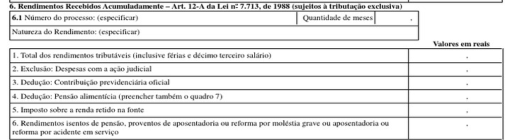 Rendimentos Recebidos Acumuladamente Art. 12-A da Lei no 7.713, de 1988 (sujeitos à tributação exclusiva)