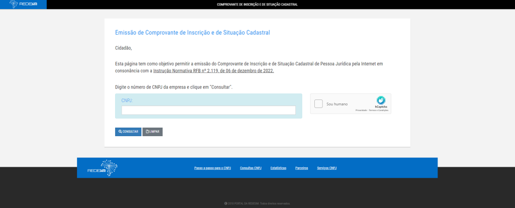 Página Emissão de Comprovante de Inscrição e Situação Cadastral, na página da Receita Federal. Essa imagem é um tutorial sobre como imprimir o cartão CNPJ.