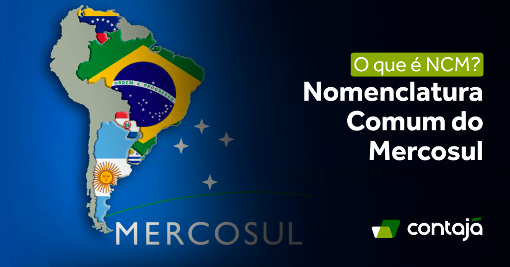 Representação gráfica dos países do Mercosul. Ao lado, o título do artigo "O que é NCM? Nomenclatura Comum do Mercosul."